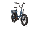 Right angle of a blue RadRunner electric cargo utility bike on a white background.
