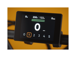 Black controller with full color display showing the range for two batteries and a PAS level of 1. 