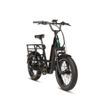 Right angle of a deep emerald green RadRunner electric cargo utility bike on a white background.