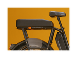 Black passenger seat on a black electric cargo bike. 