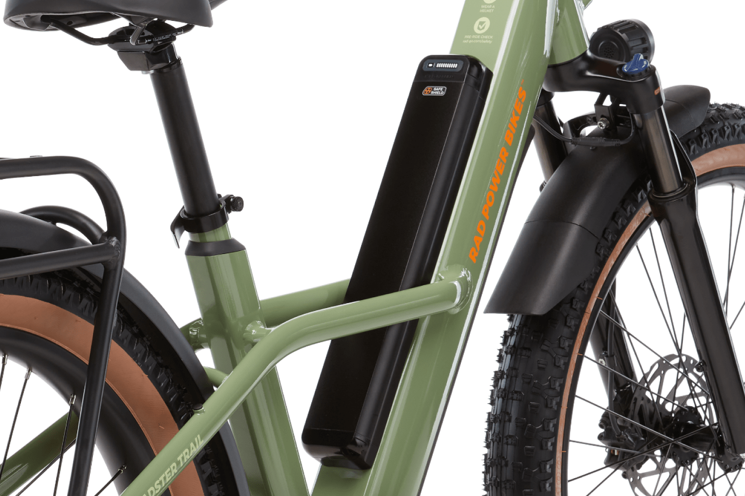 Right side view of the Copper Red Radster Trail electric off-road bike in size large