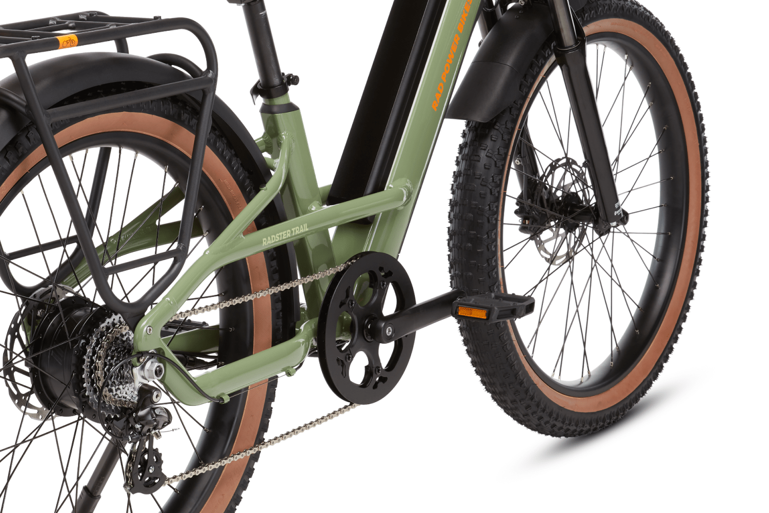 Right side view of the Copper Red Radster Trail electric off-road bike in size large