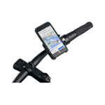 Close up picture of gub pro cell phone mount on bicycle handlebars next to ebike throttle with turned phone in mount