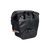 Close up rear and side view of black Fremont Pannier Bag with carrying handle, attachment clips for rear rack and silver reflective strip on the lower side wall.